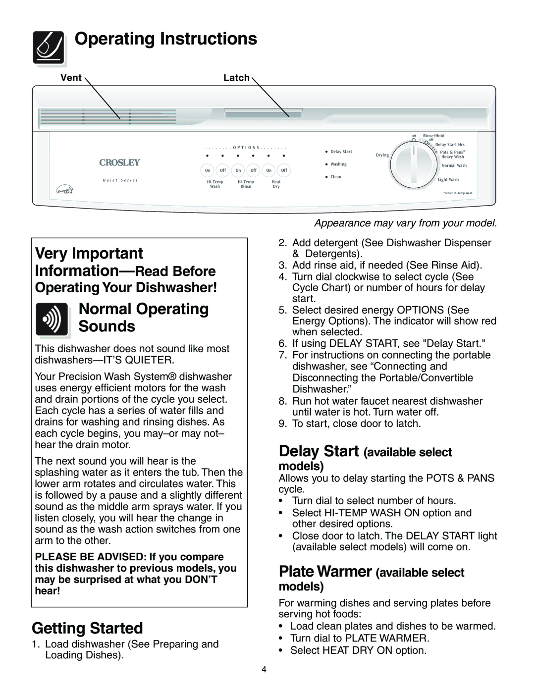 Crosley 500 Series Operating Instructions, Very Important Information-Read Before, Normal Operating Sounds 