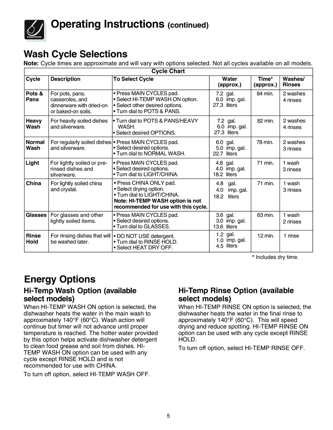 Crosley 500 Series Wash Cycle Selections, Energy Options, Hi-Temp Wash Option available select models 