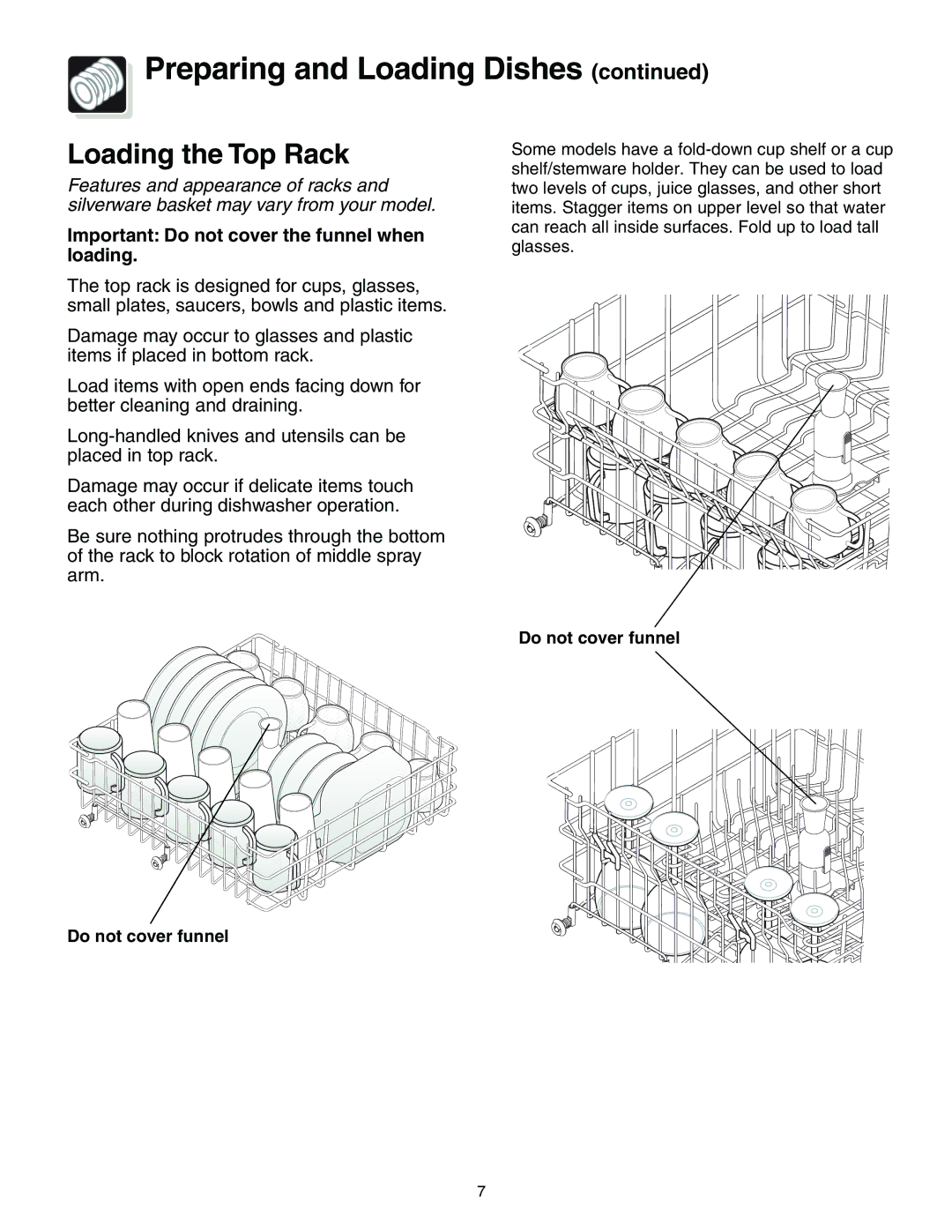 Crosley 500 Series operating instructions Preparing and Loading Dishes, Loading the Top Rack 