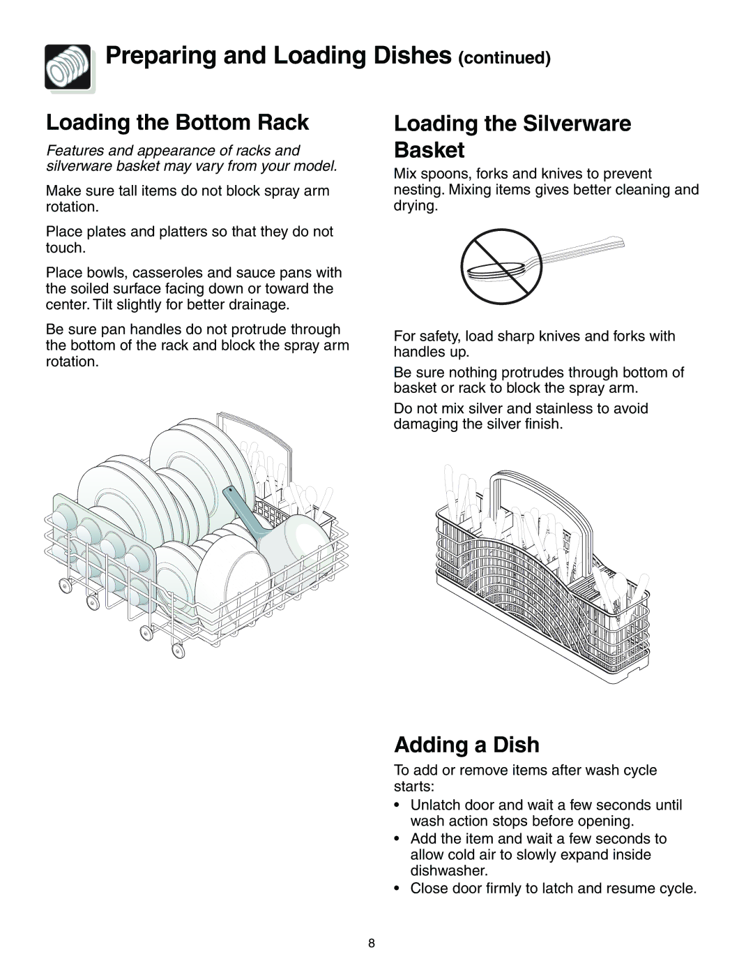 Crosley 500 Series operating instructions Loading the Bottom Rack, Loading the Silverware Basket, Adding a Dish 