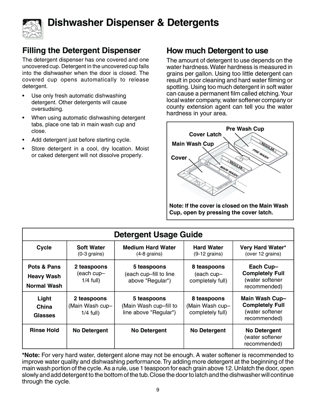 Crosley 500 Series operating instructions Dishwasher Dispenser & Detergents, Filling the Detergent Dispenser 