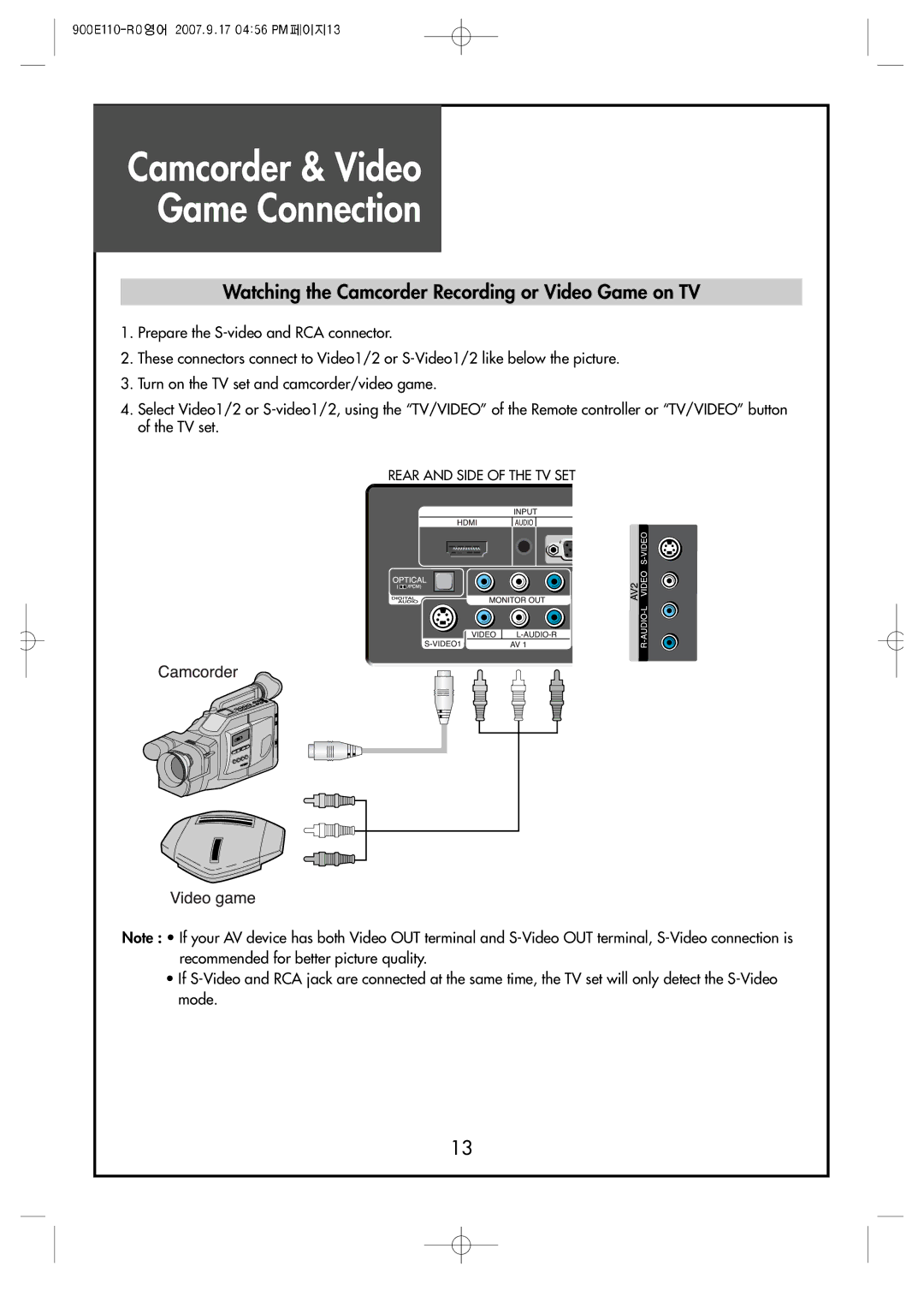 Crosley C32HDGB, C42HDGB, C37HDGB Camcorder & Video Game Connection, Watching the Camcorder Recording or Video Game on TV 