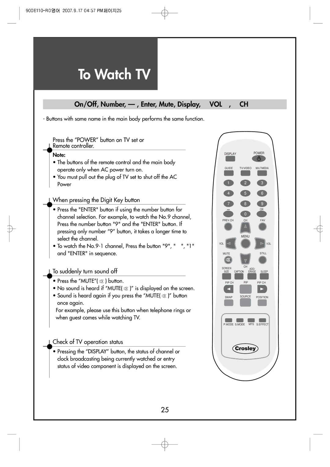 Crosley C32HDGB, C42HDGB, C37HDGB manual To Watch TV, On/Off, Number, , Enter, Mute, Display, VOL , CH 