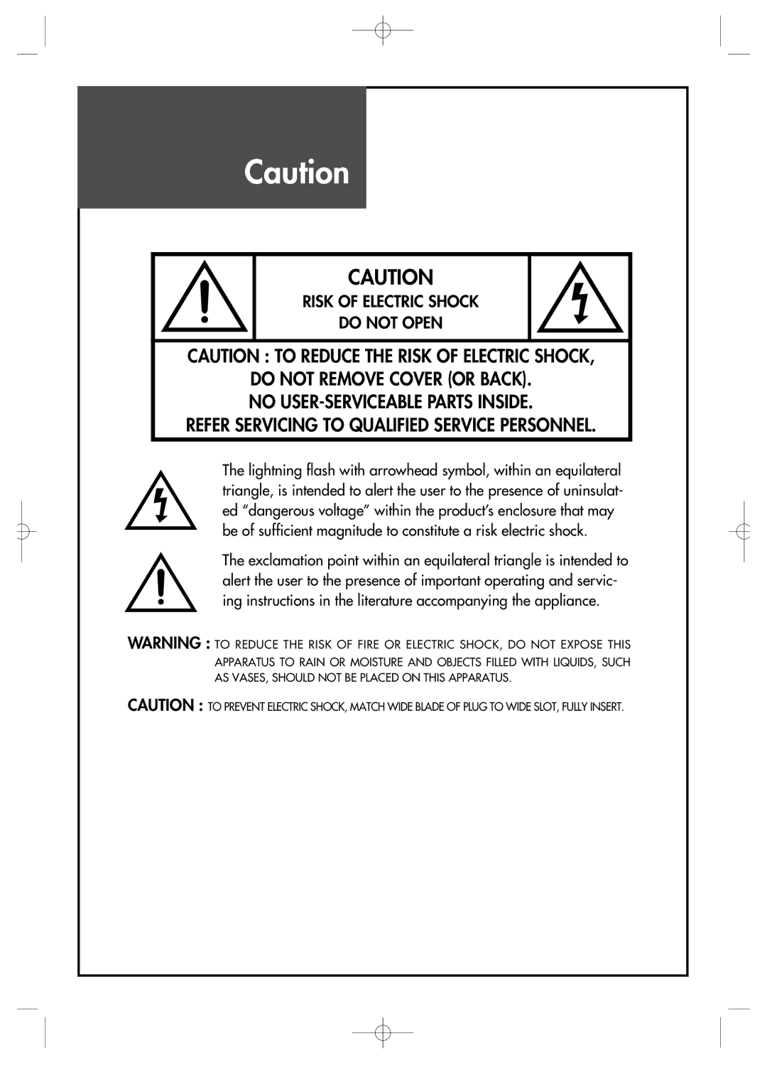 Crosley C32HDGB, C42HDGB, C37HDGB manual Risk of Electric Shock Do not Open 