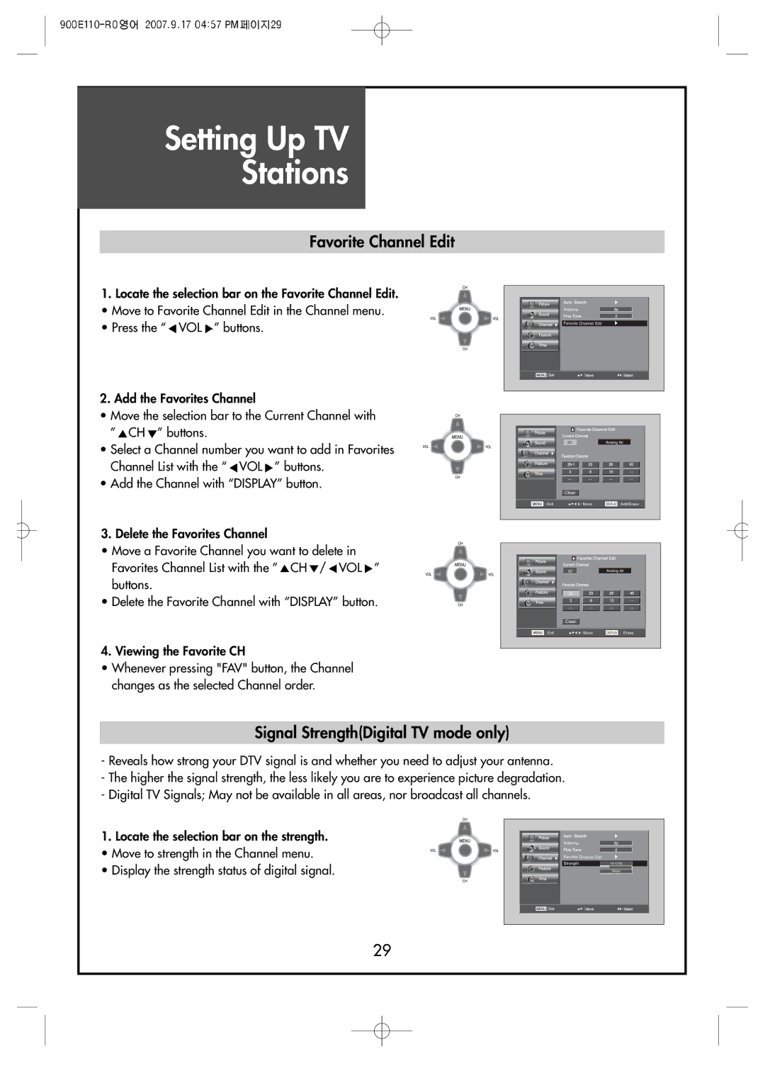 Crosley C42HDGB, C32HDGB, C37HDGB manual Favorite Channel Edit, Signal StrengthDigital TV mode only 