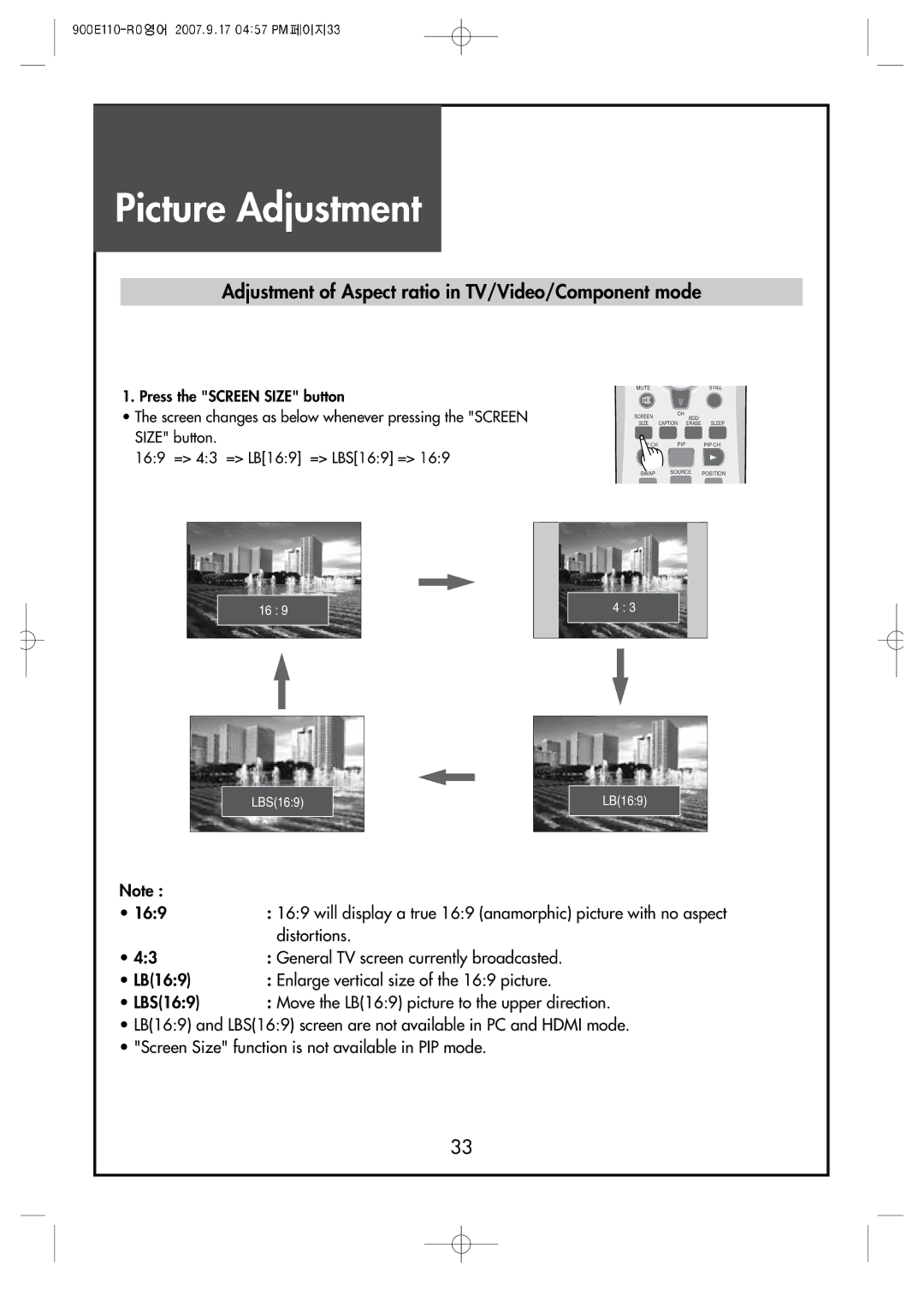 Crosley C37HDGB, C32HDGB, C42HDGB manual Picture Adjustment, Adjustment of Aspect ratio in TV/Video/Component mode 