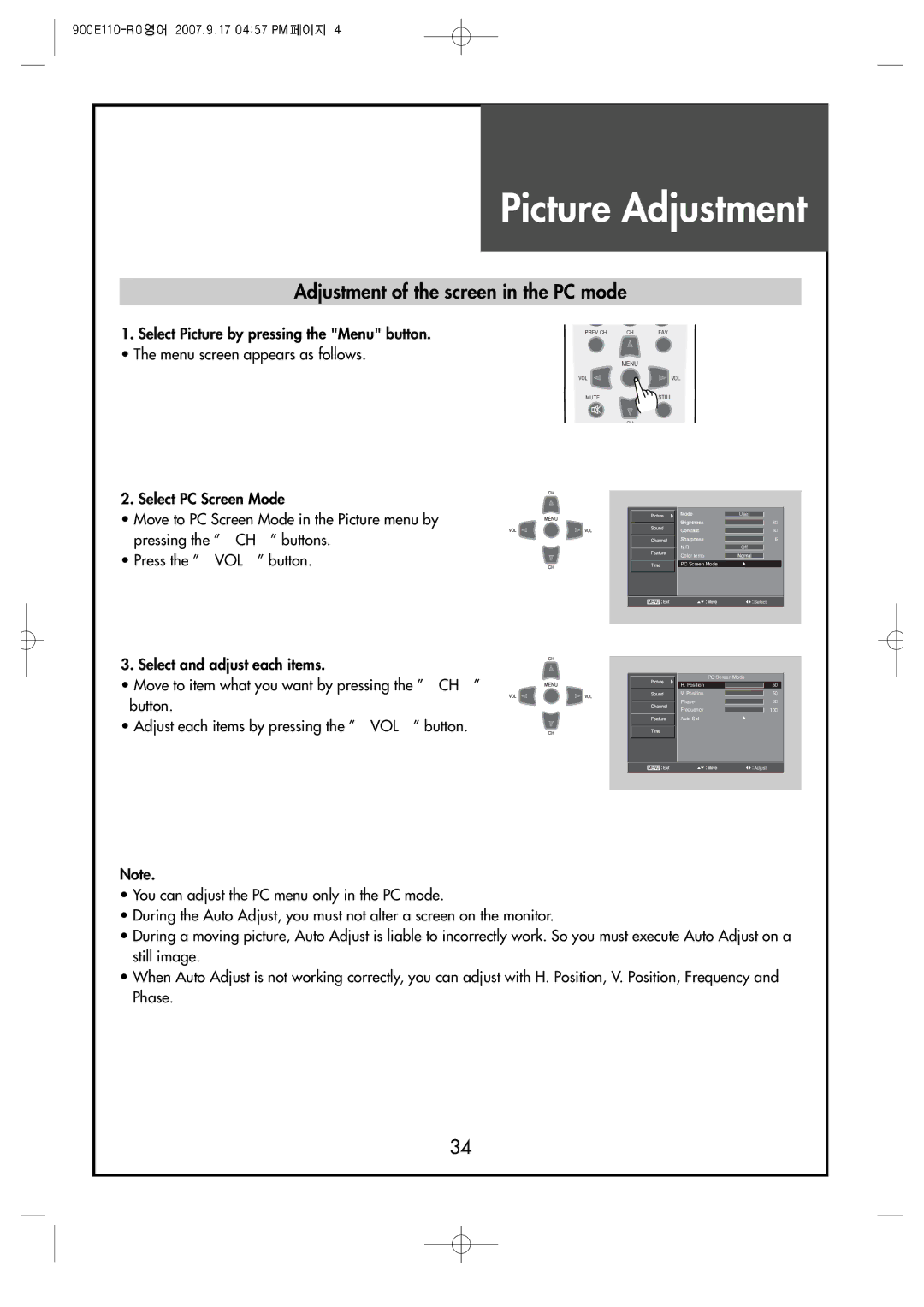 Crosley C32HDGB, C42HDGB, C37HDGB manual Adjustment of the screen in the PC mode 