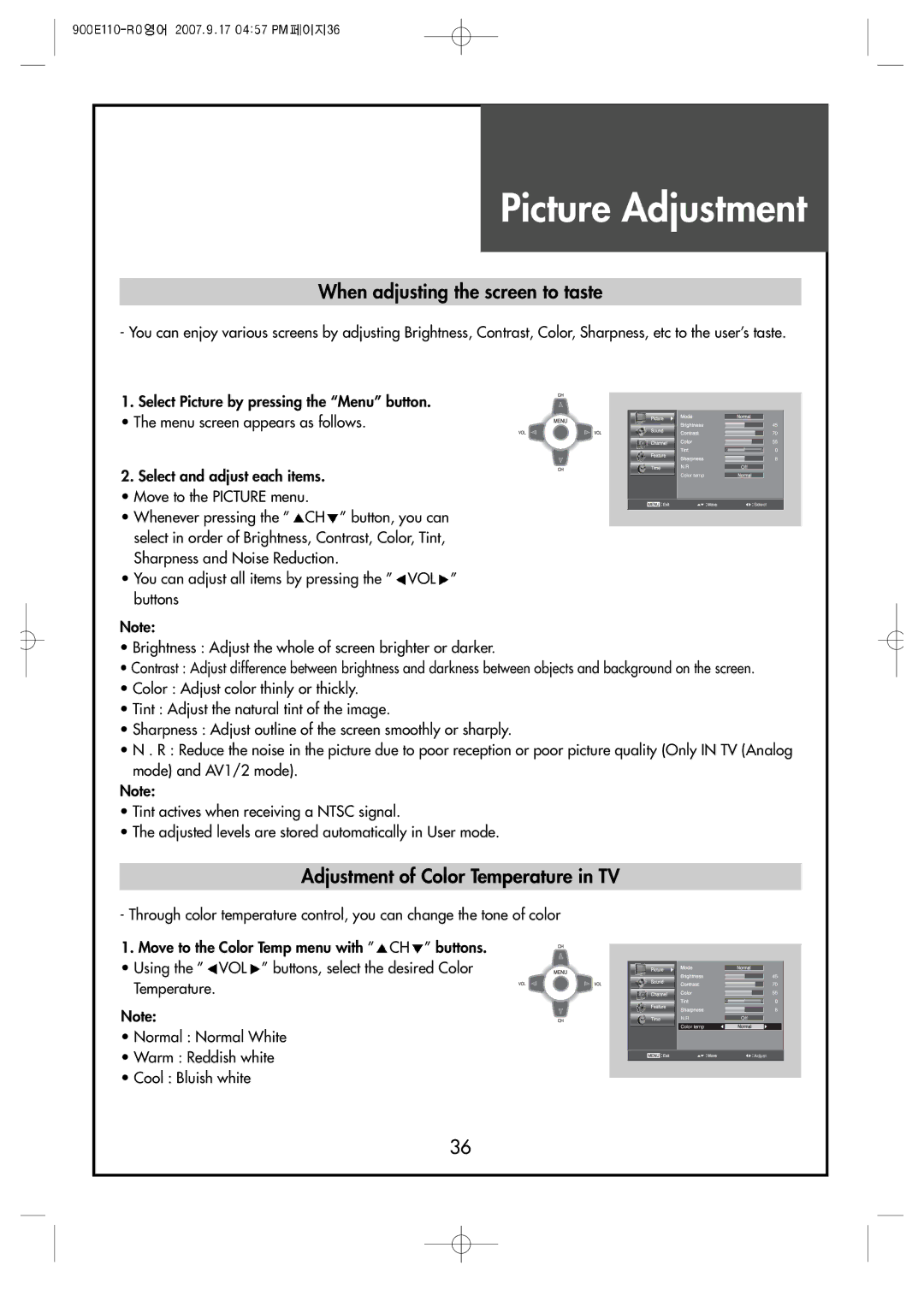 Crosley C37HDGB, C32HDGB, C42HDGB manual When adjusting the screen to taste, Adjustment of Color Temperature in TV 