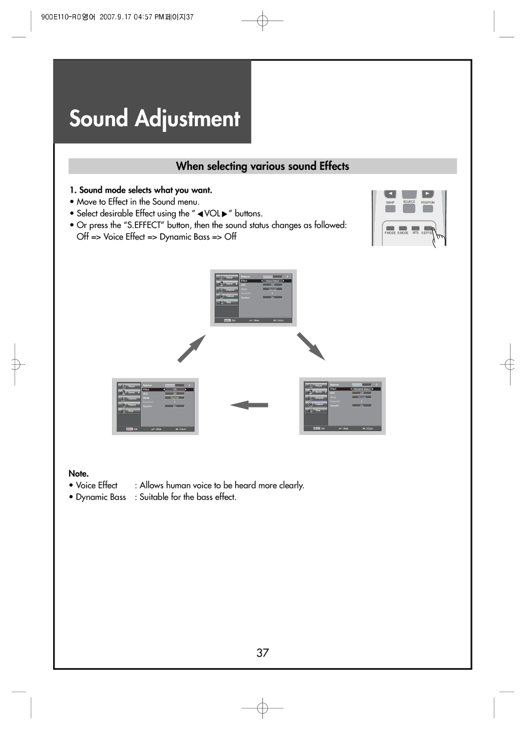 Crosley C32HDGB, C42HDGB, C37HDGB manual Sound Adjustment, When selecting various sound Effects 