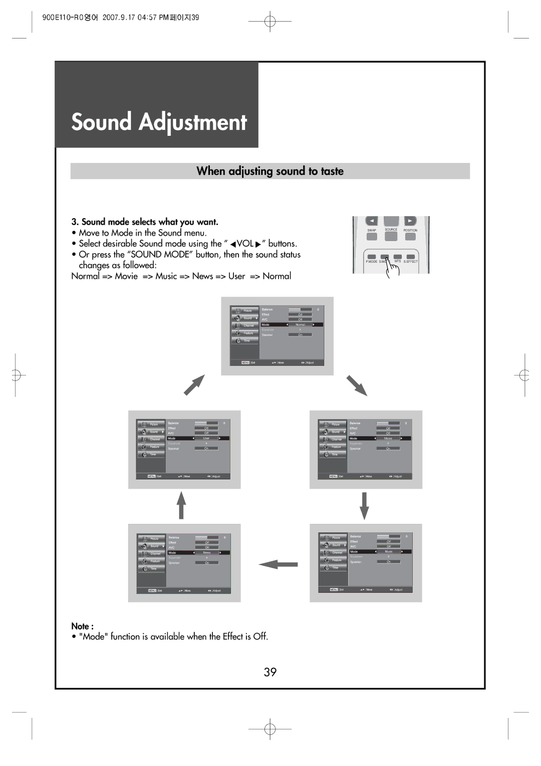 Crosley C37HDGB, C32HDGB, C42HDGB manual Mode function is available when the Effect is Off 