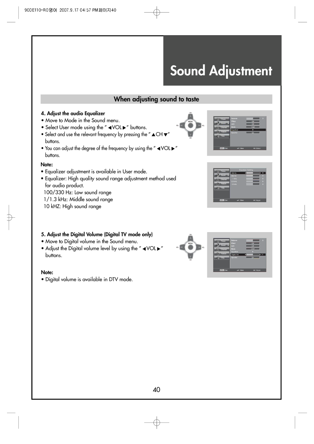 Crosley C32HDGB, C42HDGB, C37HDGB manual Sound Adjustment 