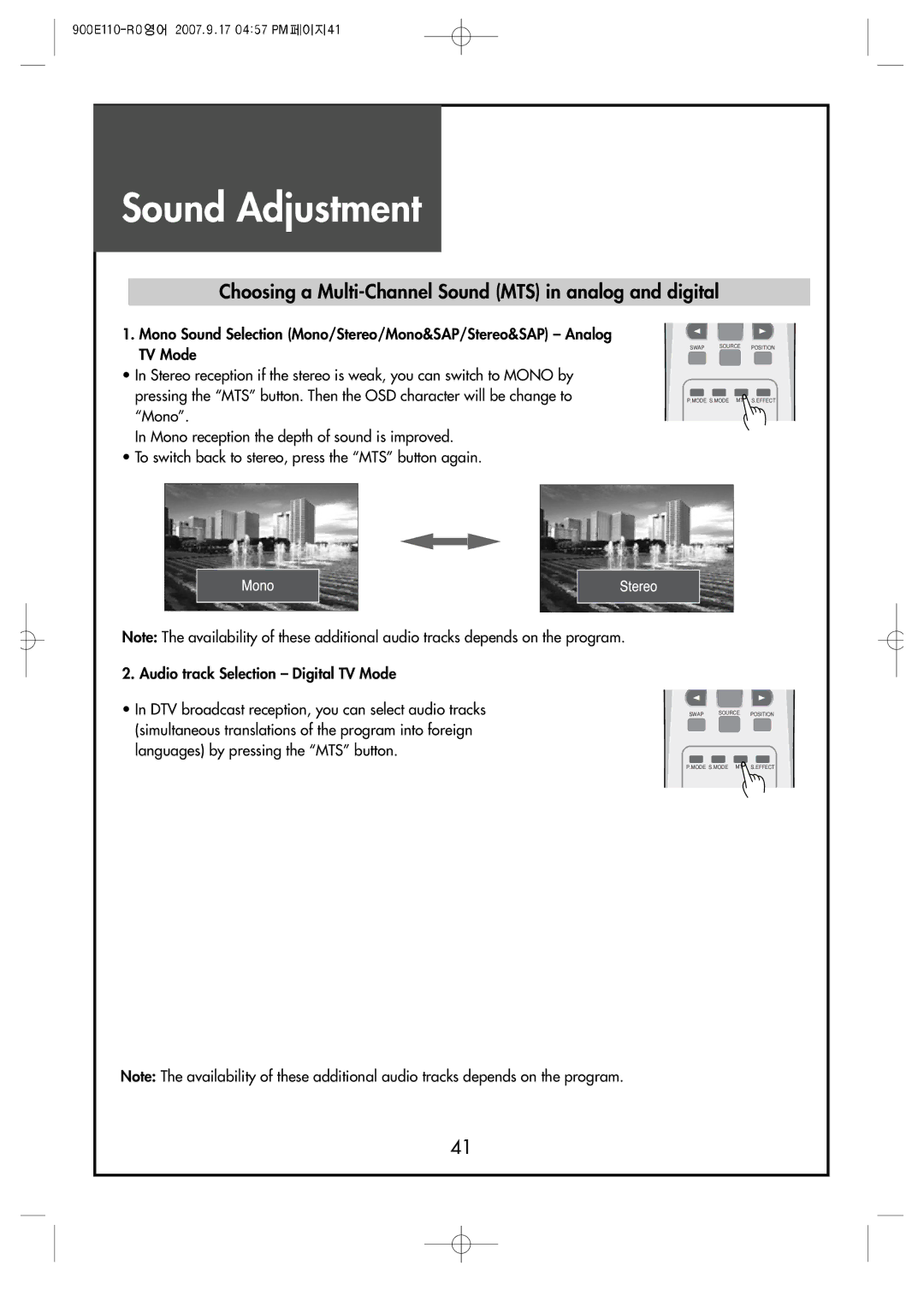 Crosley C42HDGB, C32HDGB, C37HDGB manual Choosing a Multi-Channel Sound MTS in analog and digital 