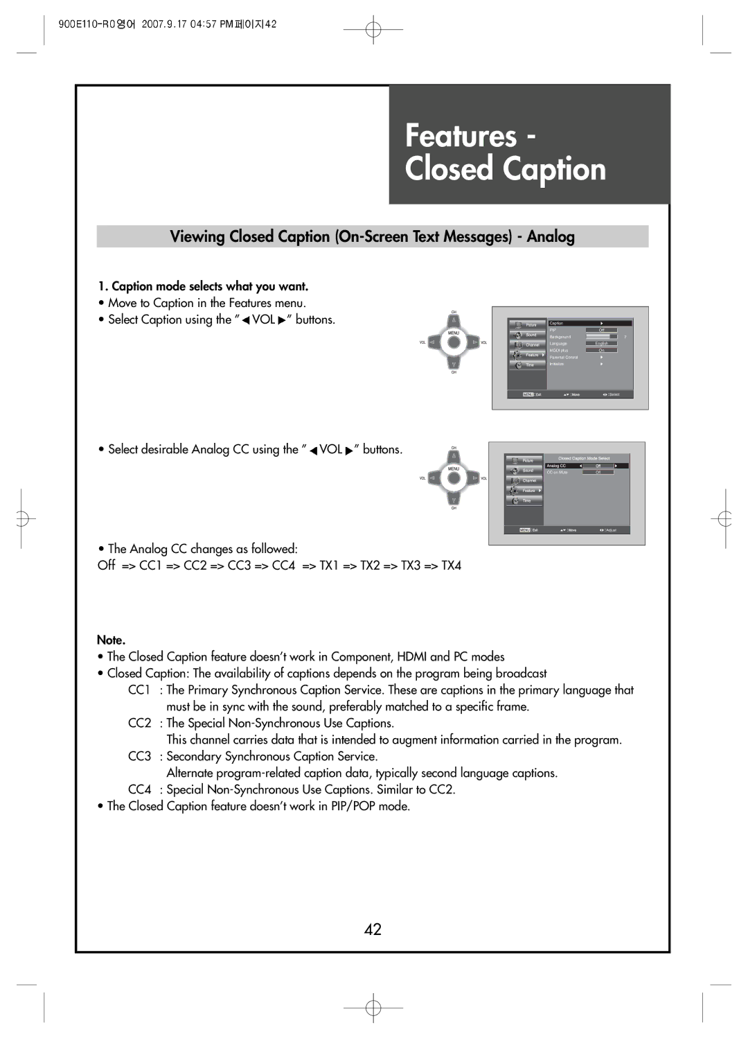 Crosley C37HDGB, C32HDGB, C42HDGB manual Features Closed Caption, Viewing Closed Caption On-Screen Text Messages Analog 