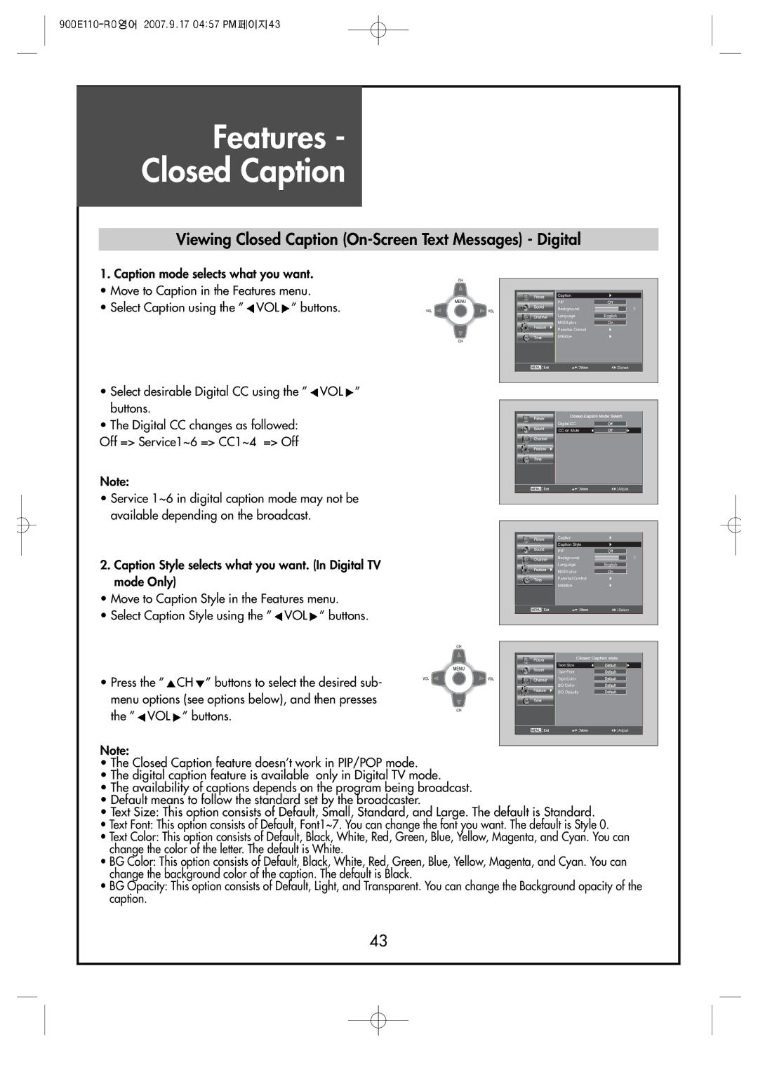 Crosley C32HDGB, C42HDGB, C37HDGB manual Viewing Closed Caption On-Screen Text Messages Digital, Mode Only 