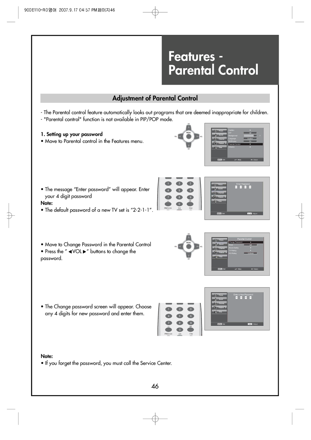 Crosley C32HDGB, C42HDGB, C37HDGB manual Features Parental Control, Adjustment of Parental Control 