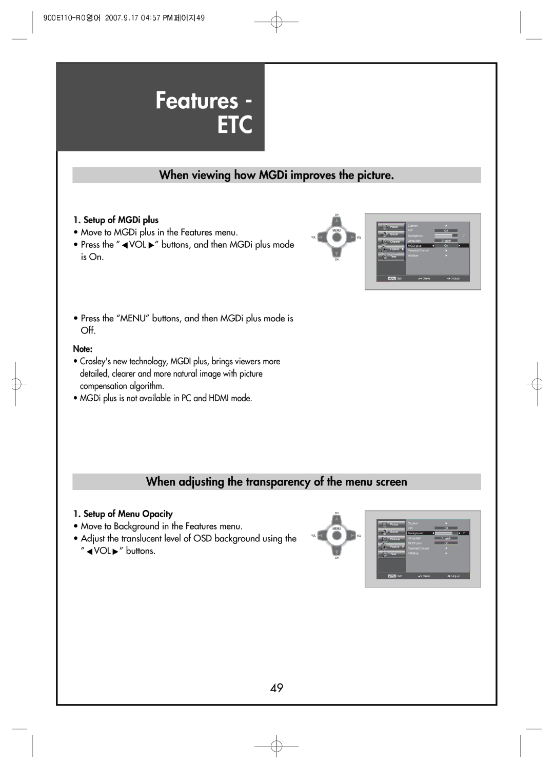 Crosley C32HDGB, C42HDGB When viewing how MGDi improves the picture, When adjusting the transparency of the menu screen 