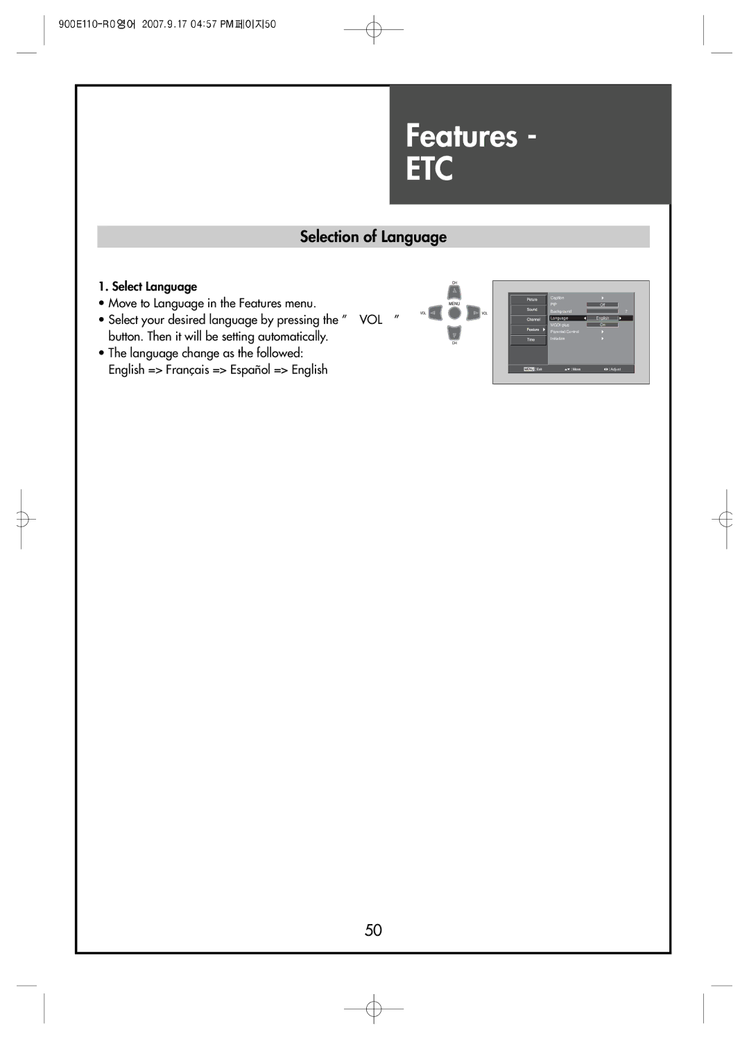 Crosley C42HDGB, C32HDGB, C37HDGB manual Selection of Language, Select Language Move to Language in the Features menu 