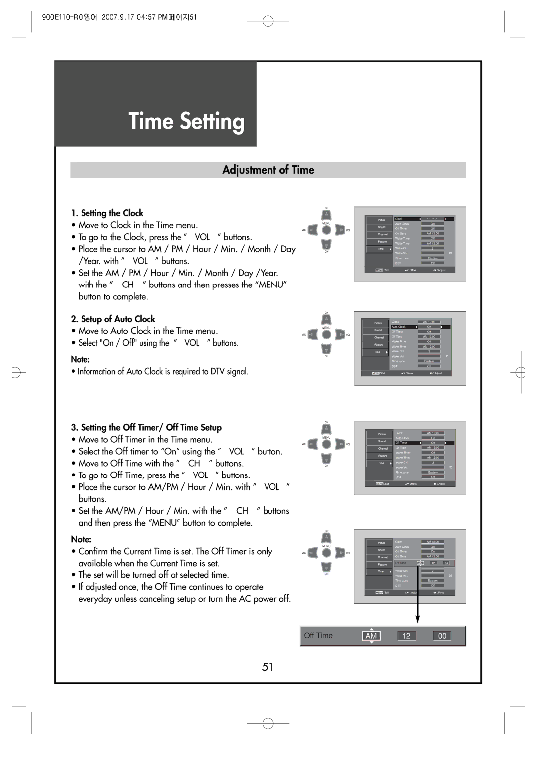 Crosley C37HDGB, C32HDGB, C42HDGB manual Time Setting, Adjustment of Time 