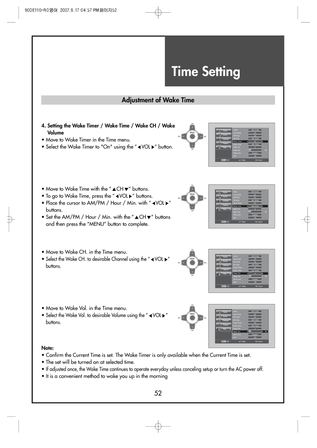 Crosley C32HDGB, C42HDGB, C37HDGB manual Adjustment of Wake Time, Buttons 