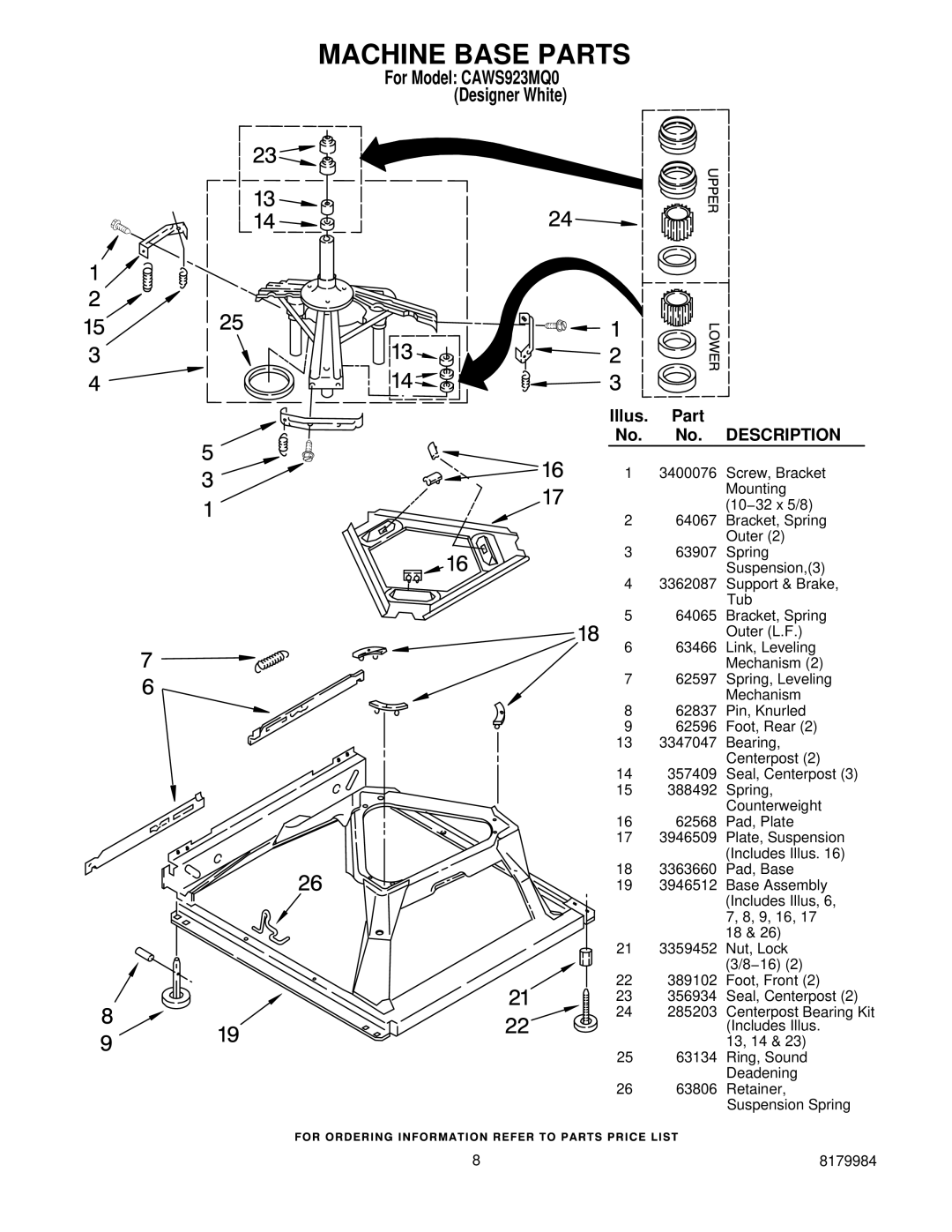 Crosley CAWS923MQ0 manual Machine Base Parts, Description 