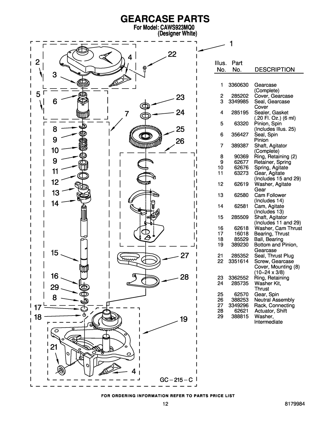 Crosley manual Gearcase Parts, For Model CAWS923MQ0 Designer White, Illus, Description 