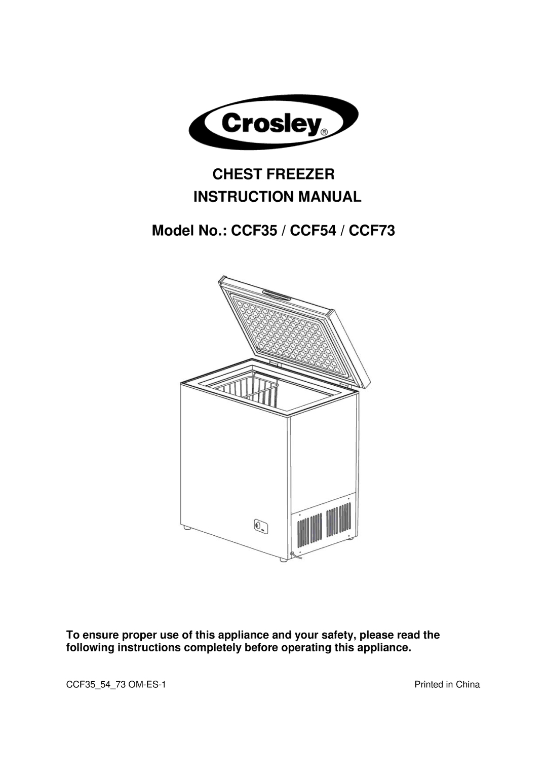 Crosley instruction manual Chest Freezer, Model No. CCF35 / CCF54 / CCF73 