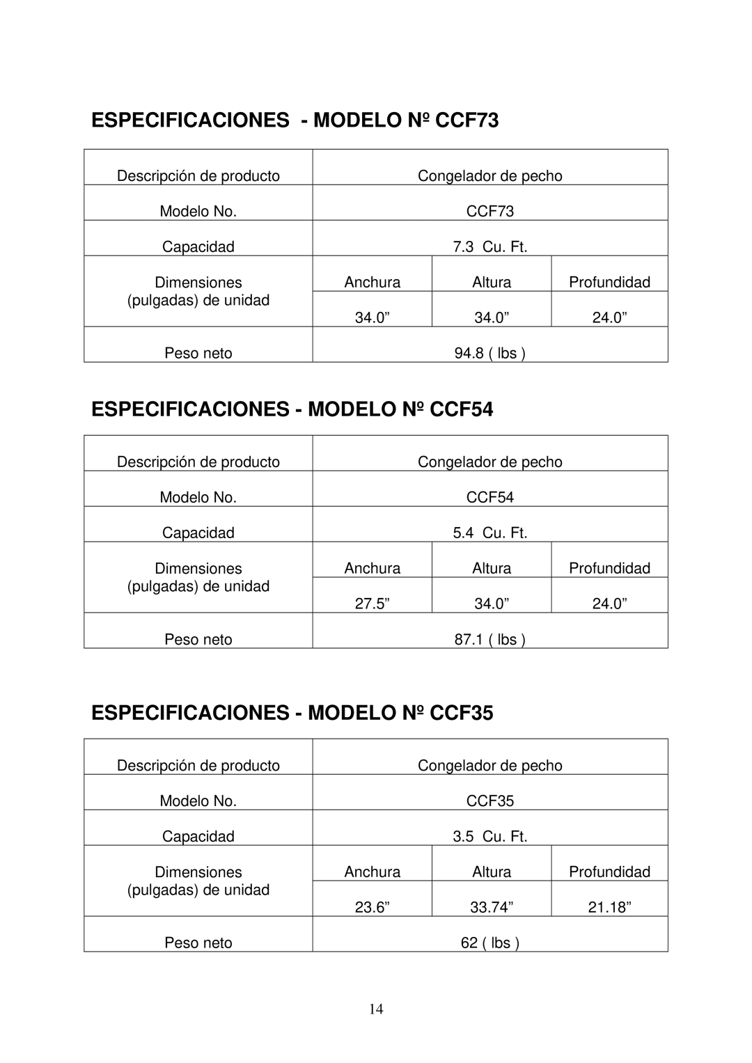 Crosley CCF54, CCF35 instruction manual Especificaciones Modelo Nº CCF73 