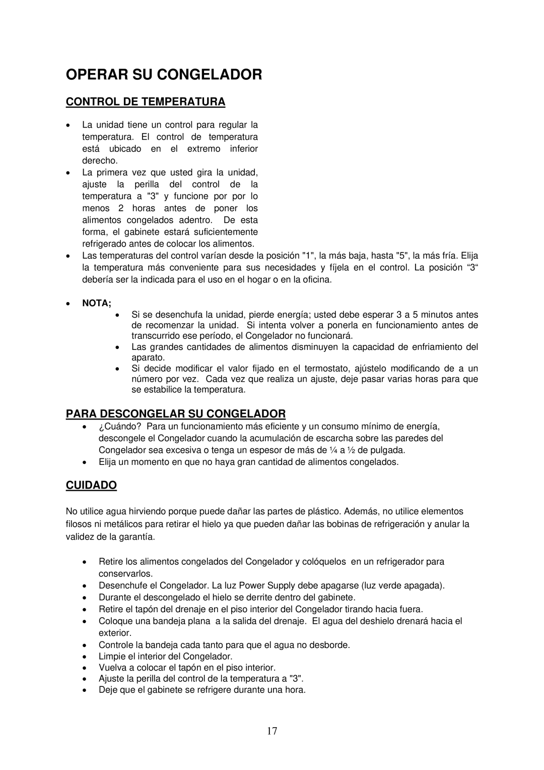 Crosley CCF54, CCF35, CCF73 Operar SU Congelador, Control DE Temperatura, Para Descongelar SU Congelador, Cuidado,  Nota 