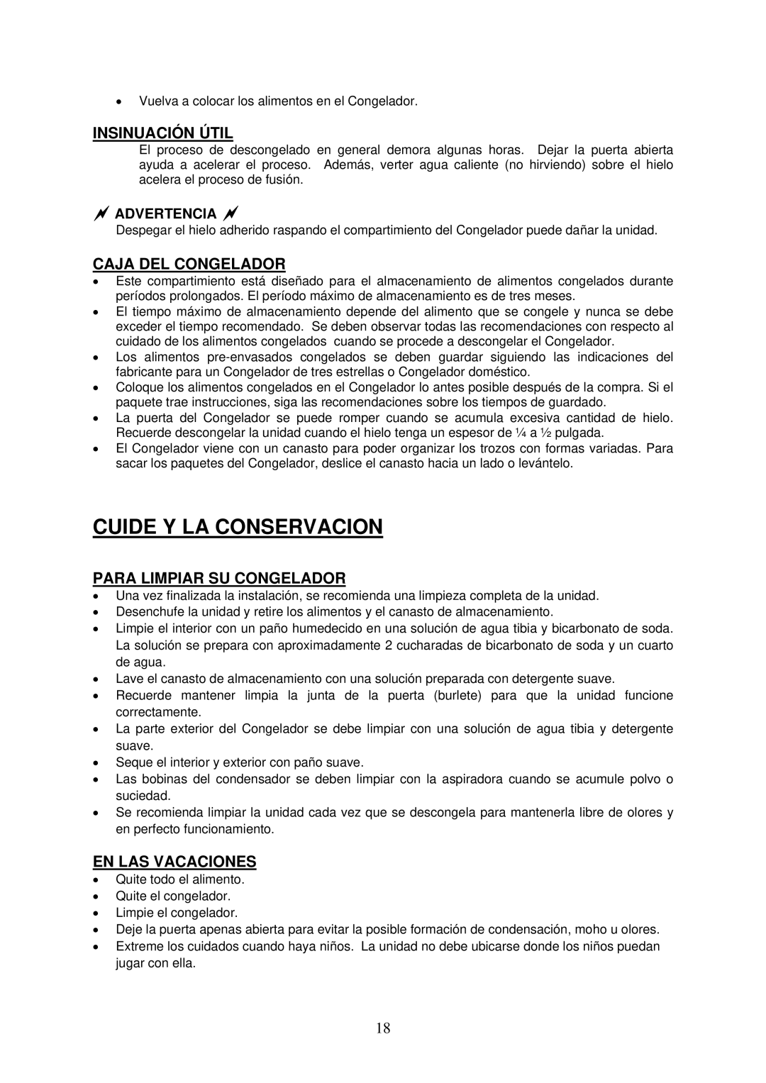 Crosley CCF35, CCF54, CCF73 Cuide Y LA Conservacion, Insinuación Útil, Caja DEL Congelador, Para Limpiar SU Congelador 