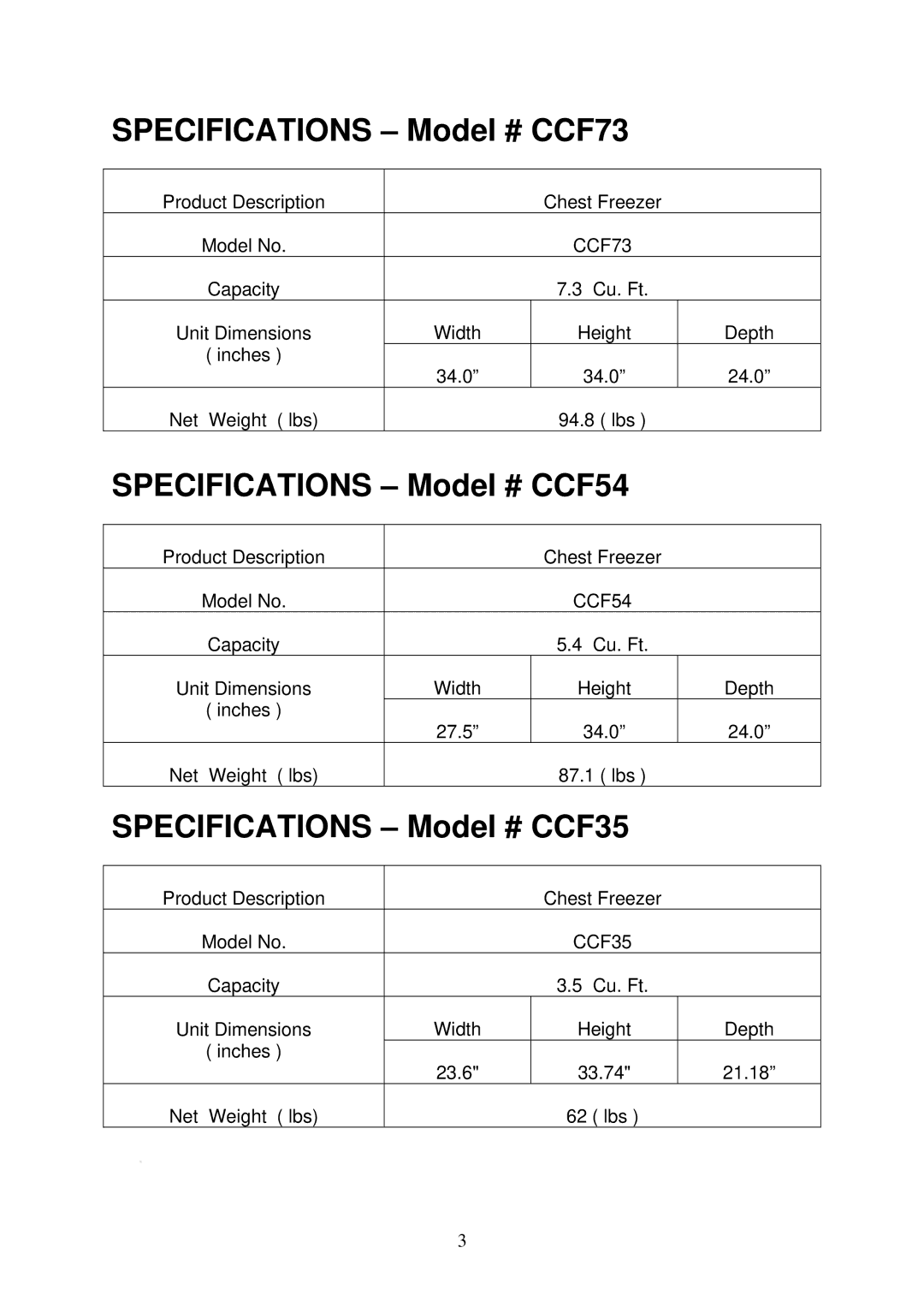 Crosley CCF35, CCF54 instruction manual Specifications Model # CCF73 