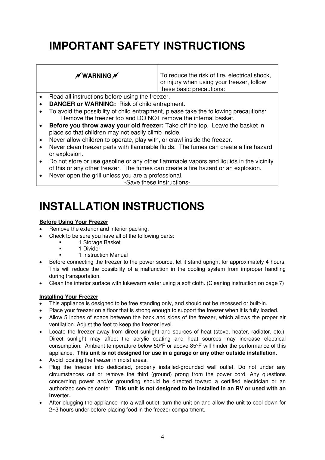 Crosley CCF73 Important Safety Instructions, Installation Instructions, Before Using Your Freezer, Installing Your Freezer 