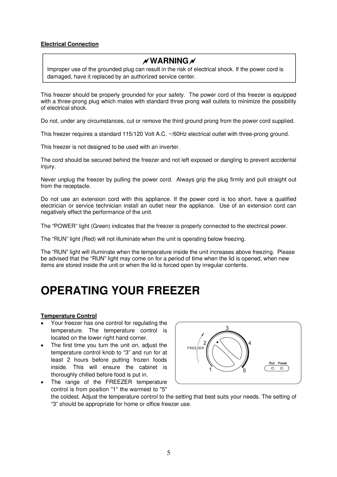 Crosley CCF54, CCF35, CCF73 instruction manual Operating Your Freezer, Electrical Connection, Temperature Control 