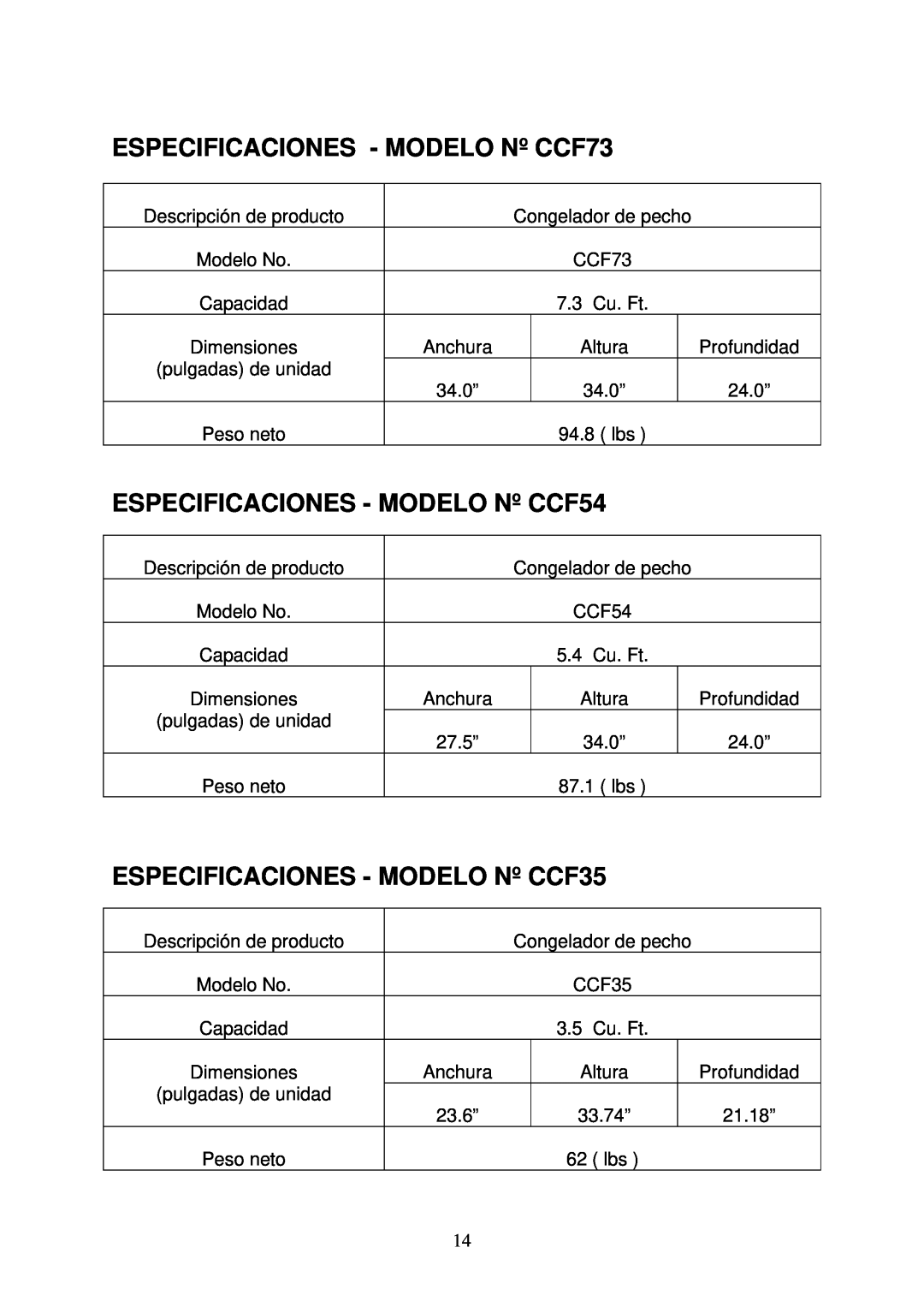 Crosley ESPECIFICACIONES - MODELO Nº CCF73, ESPECIFICACIONES - MODELO Nº CCF54, ESPECIFICACIONES - MODELO Nº CCF35 