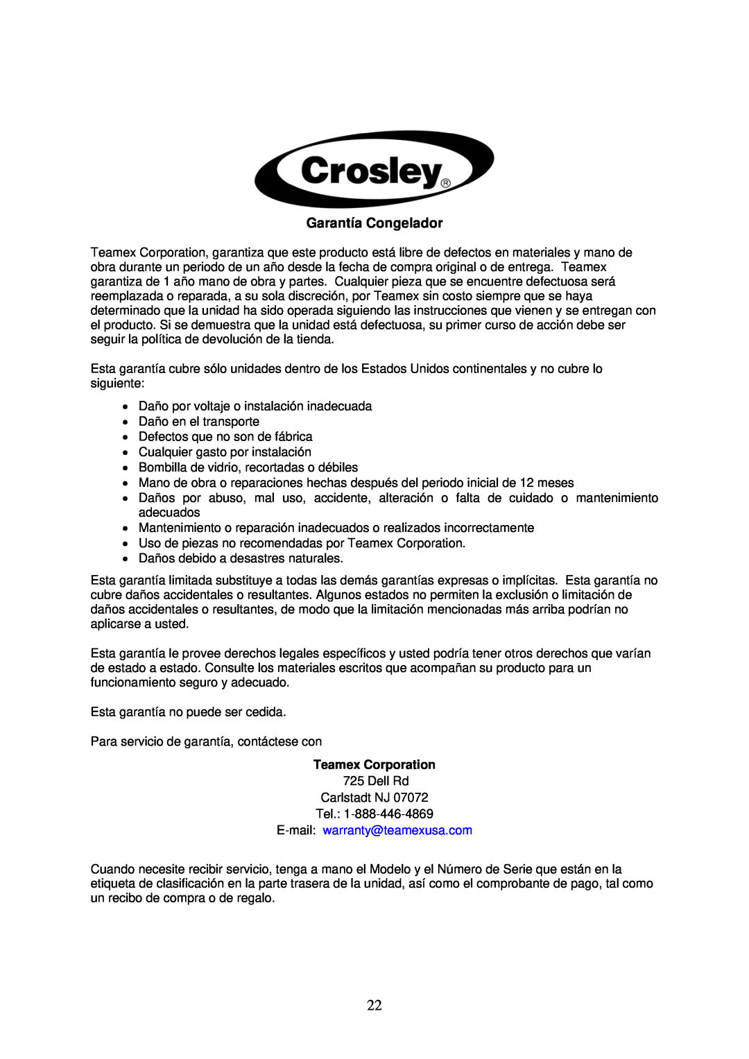 Crosley CCF73, CCF54, CCF35 instruction manual Garantía Congelador, Teamex Corporation 