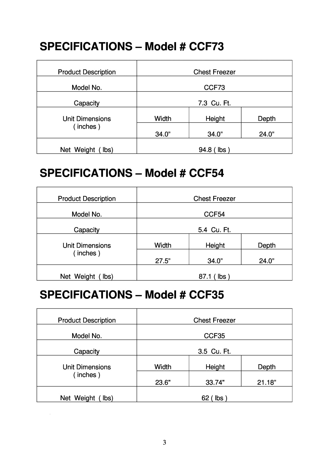 Crosley SPECIFICATIONS - Model # CCF73, SPECIFICATIONS - Model # CCF54, SPECIFICATIONS - Model # CCF35 