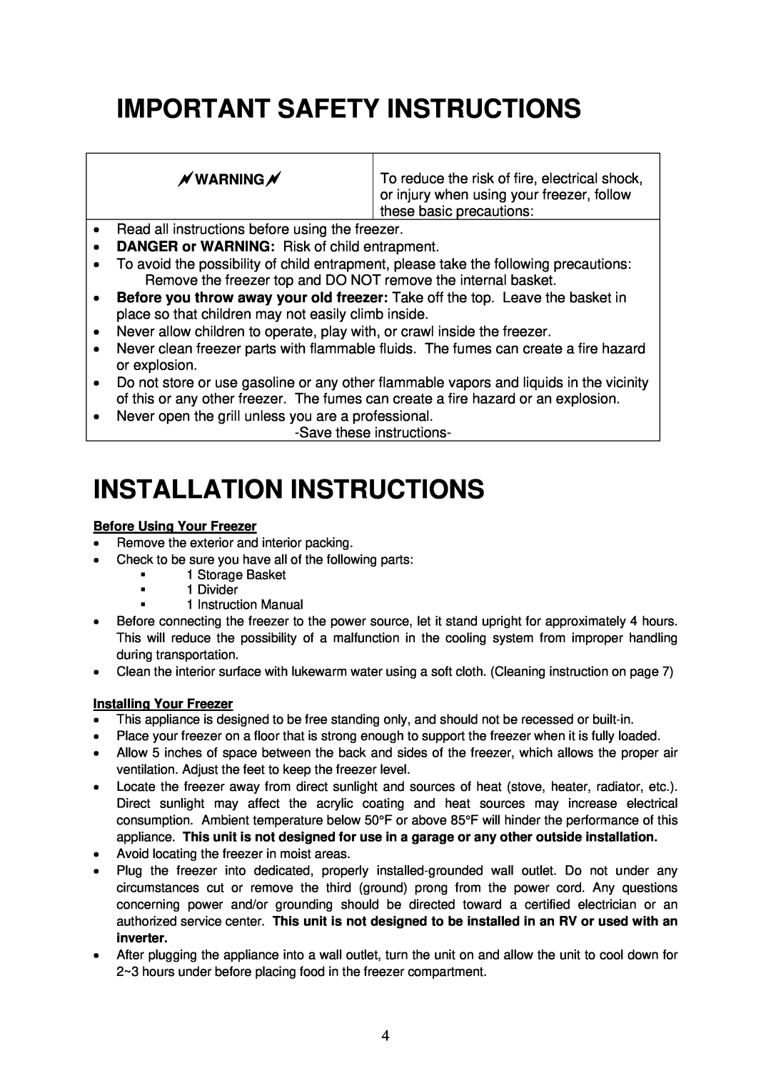 Crosley CCF73, CCF54, CCF35 instruction manual Important Safety Instructions, Installation Instructions, Warning 