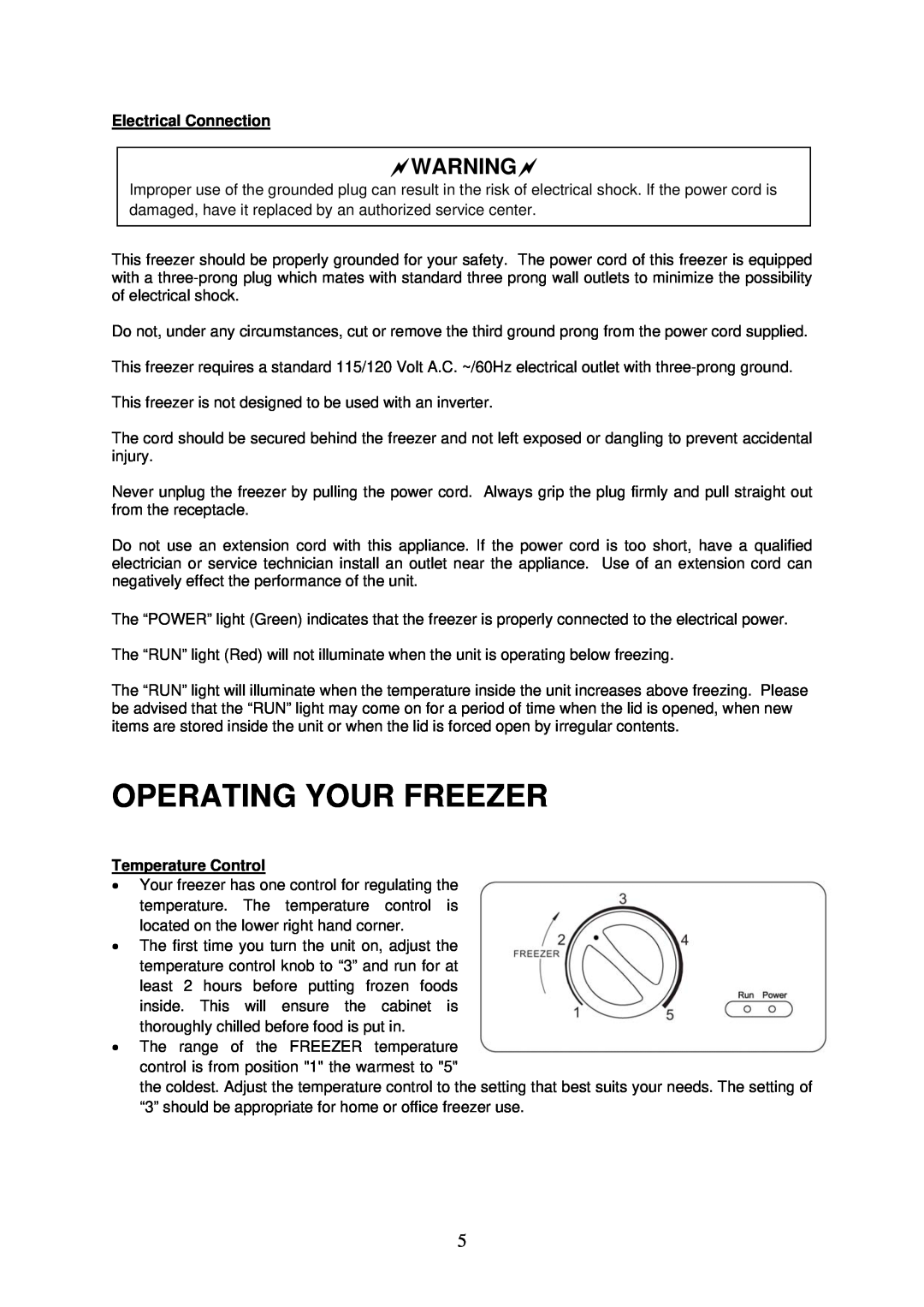 Crosley CCF54, CCF35, CCF73 instruction manual Operating Your Freezer, Warning, Electrical Connection, Temperature Control 
