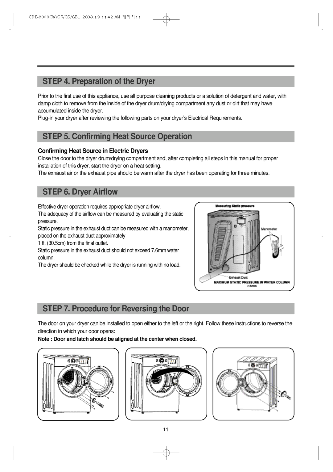 Crosley CDE-8000GBL, CDE-8000GS, CDE-8000GW manual Preparation of the Dryer, Confirming Heat Source Operation, Dryer Airflow 