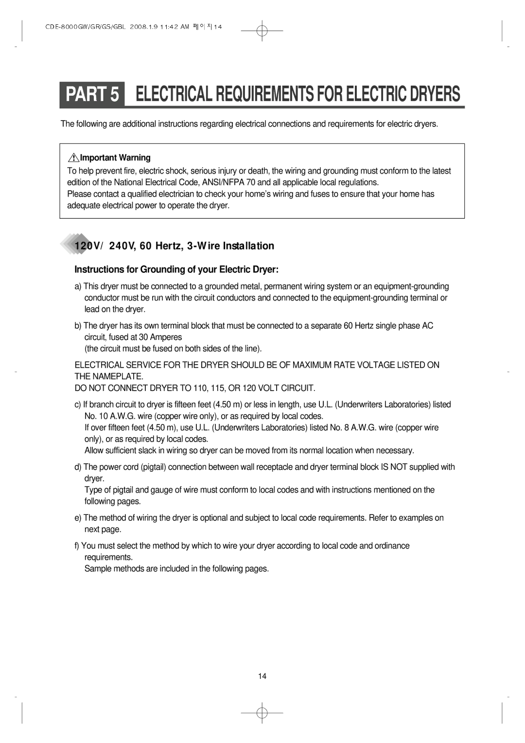 Crosley CDE-8000GR manual 120V/ 240V, 60 Hertz, 3-Wire Installation, Instructions for Grounding of your Electric Dryer 