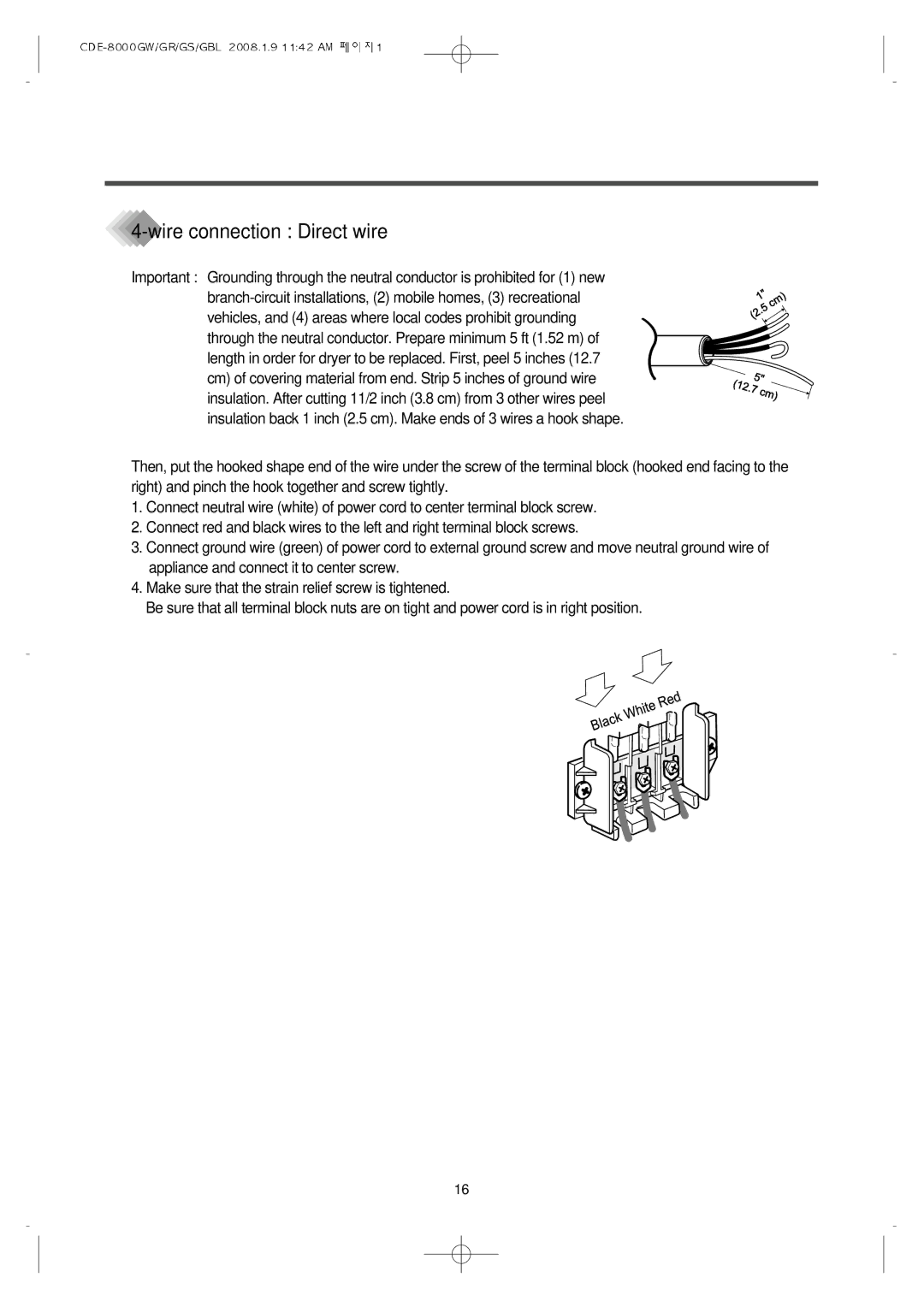 Crosley CDE-8000GS, CDE-8000GW, CDE-8000GR, CDE-8000GBL manual Wire connection Direct wire 