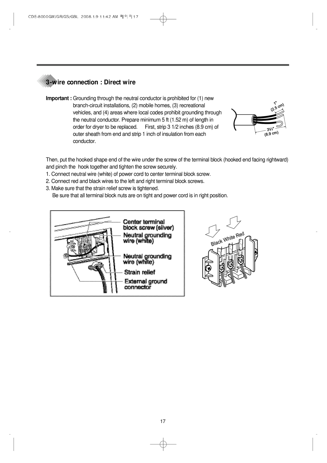 Crosley CDE-8000GW, CDE-8000GS, CDE-8000GR, CDE-8000GBL manual Wire connection Direct wire 