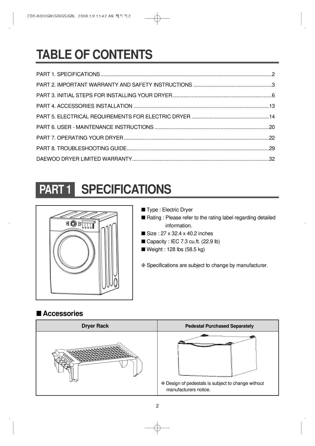 Crosley CDE-8000GR, CDE-8000GS, CDE-8000GW, CDE-8000GBL manual Table of Contents, Specifications 