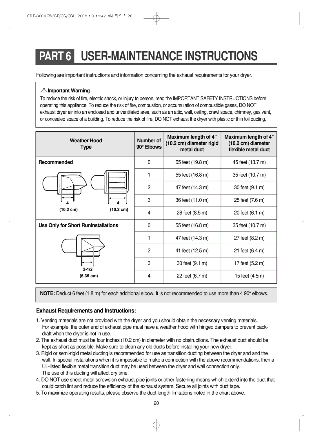 Crosley CDE-8000GS, CDE-8000GW Part 6 USER-MAINTENANCE Instructions, Exhaust Requirements and Instructions, Recommended 