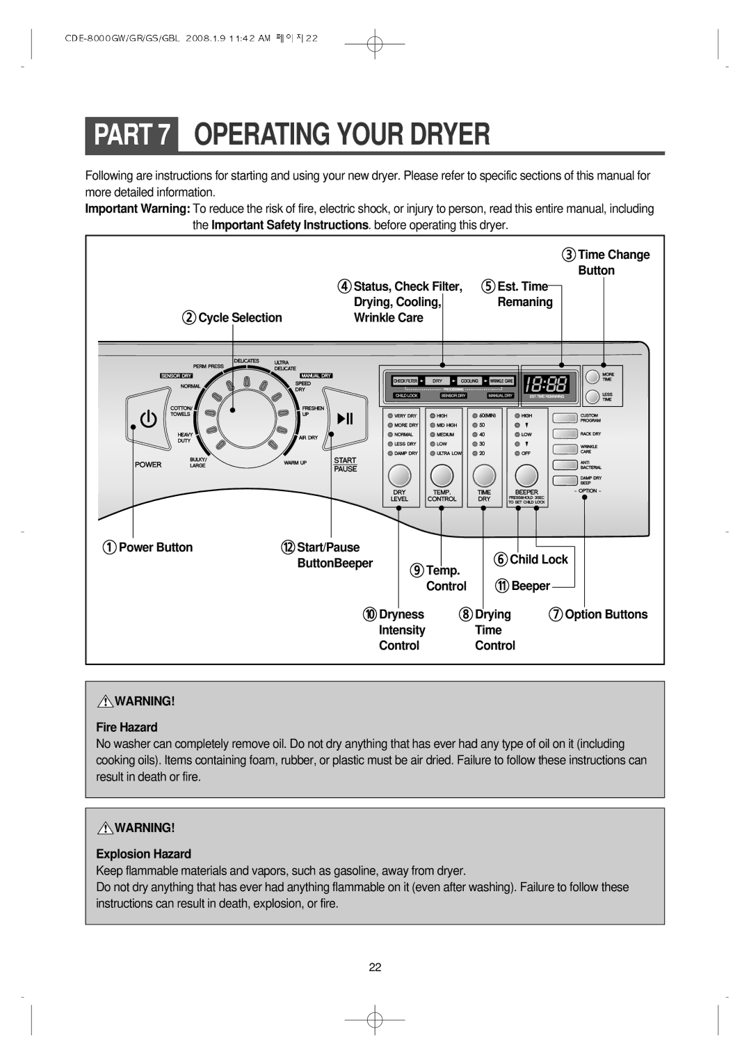 Crosley CDE-8000GR, CDE-8000GS, CDE-8000GW, CDE-8000GBL manual Part 7 Operating Your Dryer 