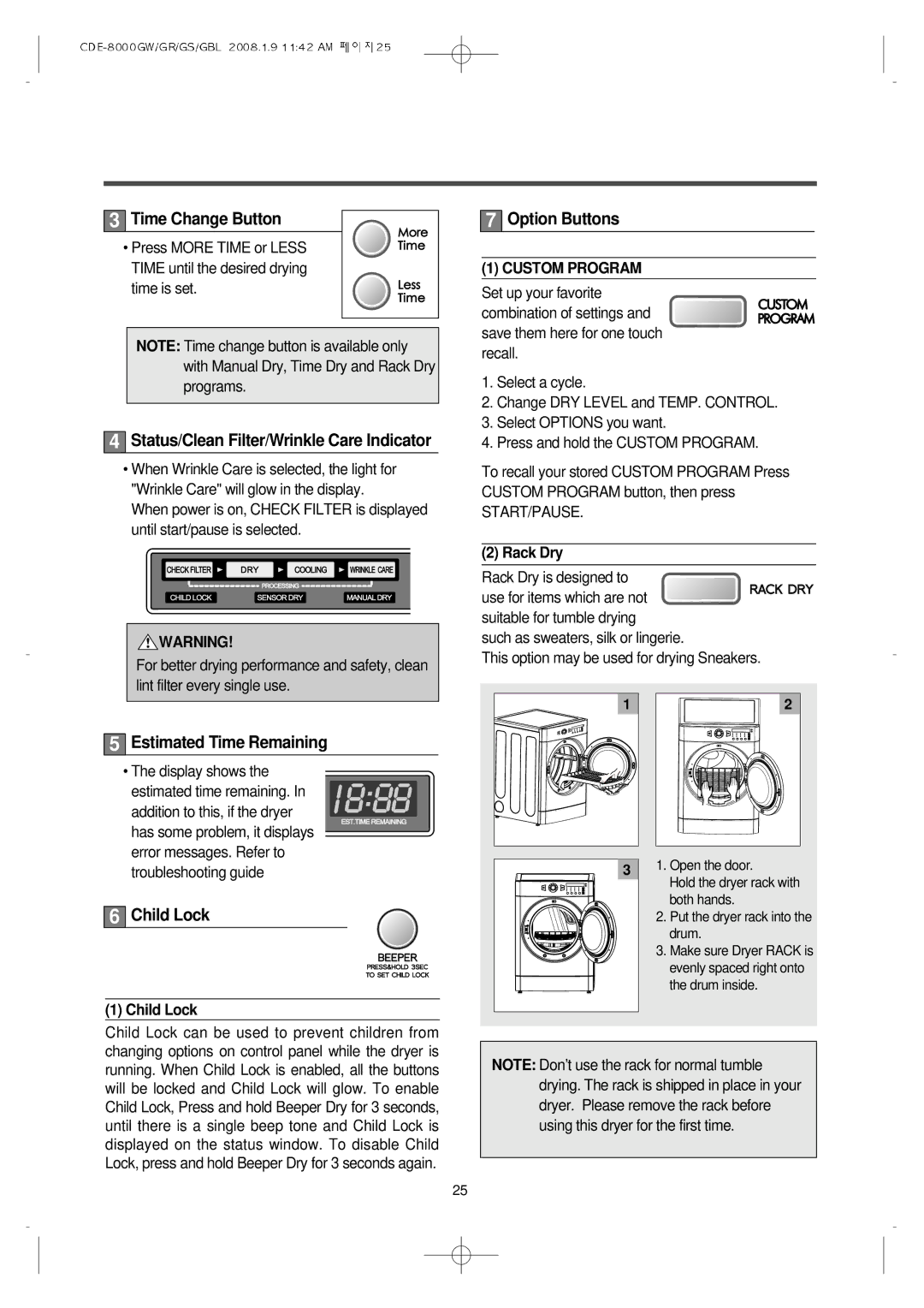 Crosley CDE-8000GW, CDE-8000GS Time Change Button, Status/Clean Filter/Wrinkle Care Indicator, Option Buttons, Child Lock 