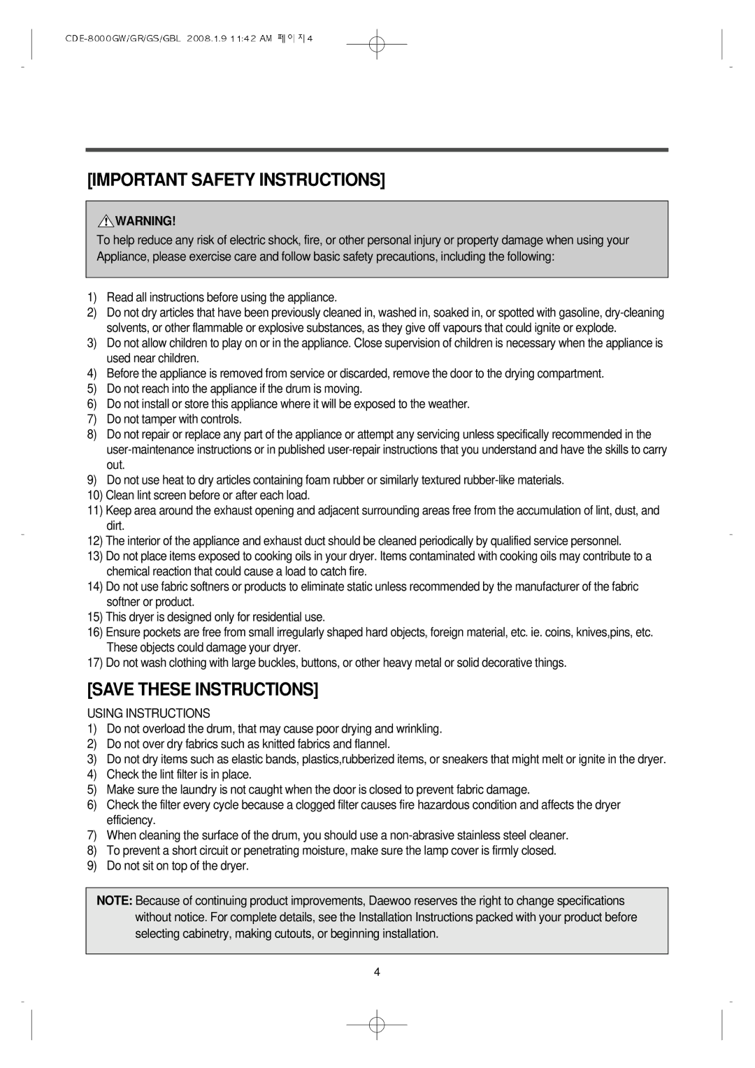 Crosley CDE-8000GS, CDE-8000GW, CDE-8000GR Important Safety Instructions, Read all instructions before using the appliance 