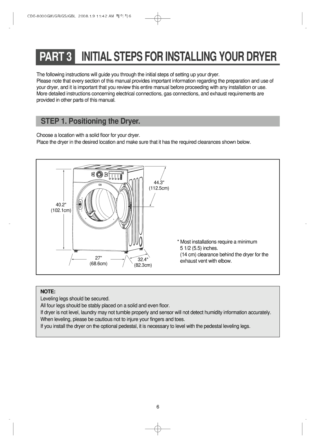 Crosley CDE-8000GR, CDE-8000GS, CDE-8000GW manual Part 3 Initial Steps for Installing Your Dryer, Positioning the Dryer 