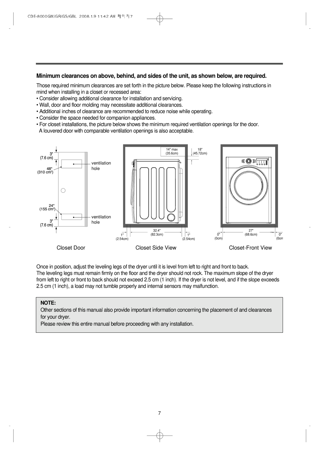 Crosley CDE-8000GBL, CDE-8000GS, CDE-8000GW, CDE-8000GR manual Closet Door, Closet Side View, Closet-Front View 