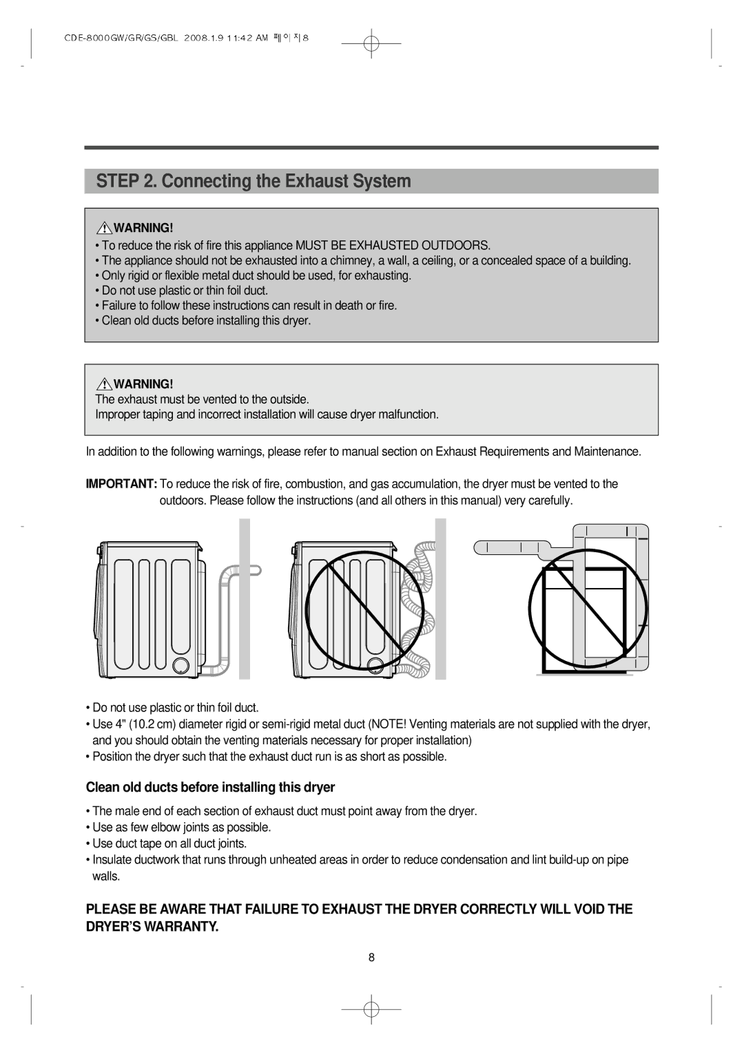 Crosley CDE-8000GS, CDE-8000GW, CDE-8000GR manual Connecting the Exhaust System, Clean old ducts before installing this dryer 