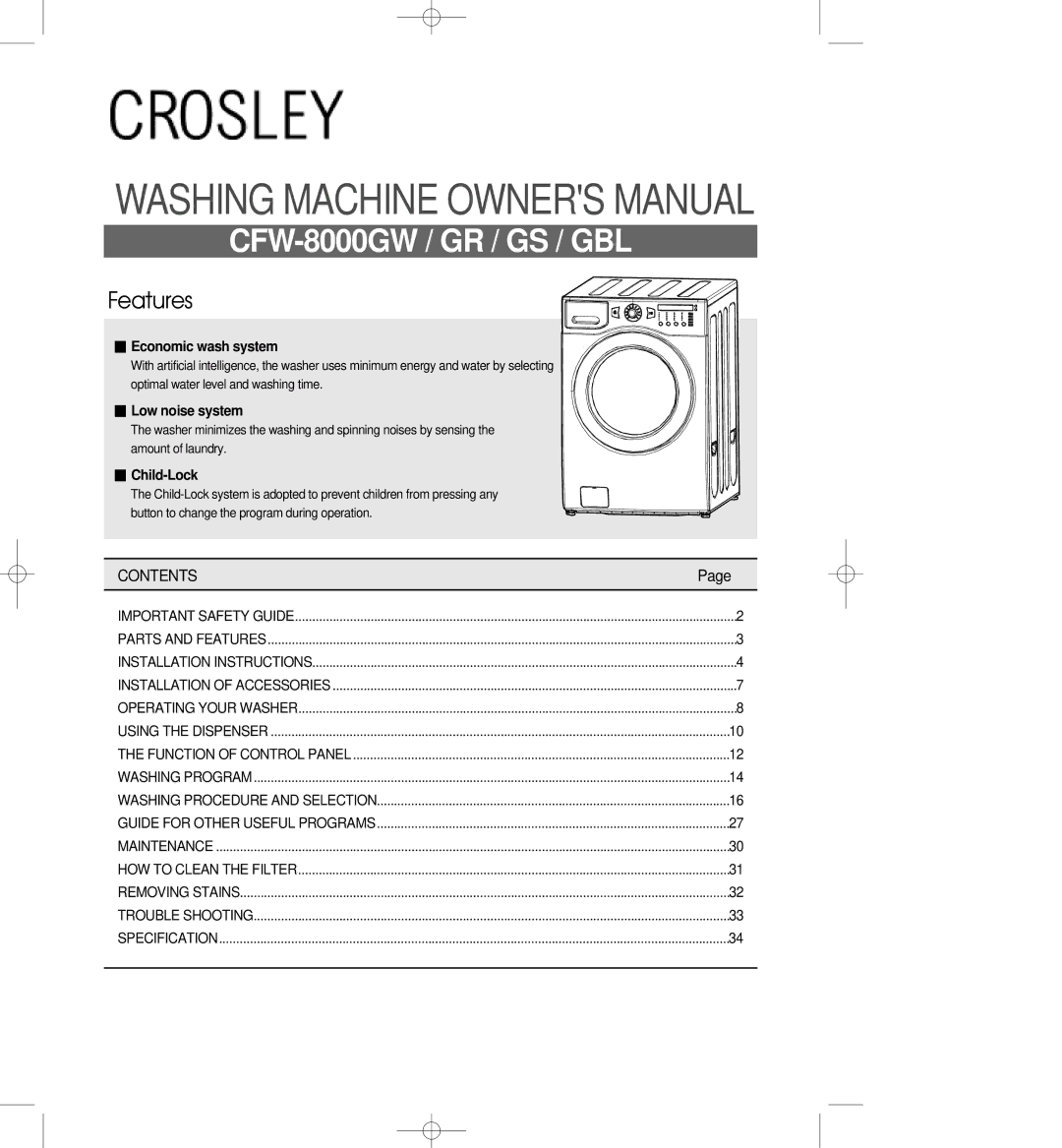 Crosley CFW-8000GBL, CFW-8000GS, CFW-8000GR owner manual CFW-8000GW / GR / GS / GBL 